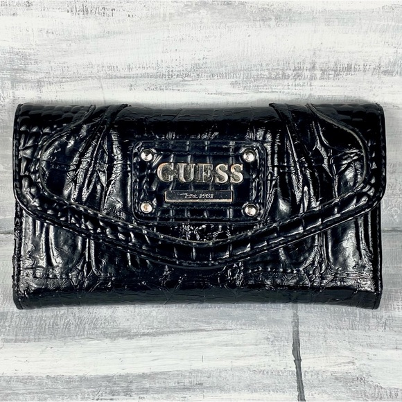 Guess Black Faux Leather Croc Embossed Long Wallet Card Holder Billfold Clutch - Picture 16 of 16